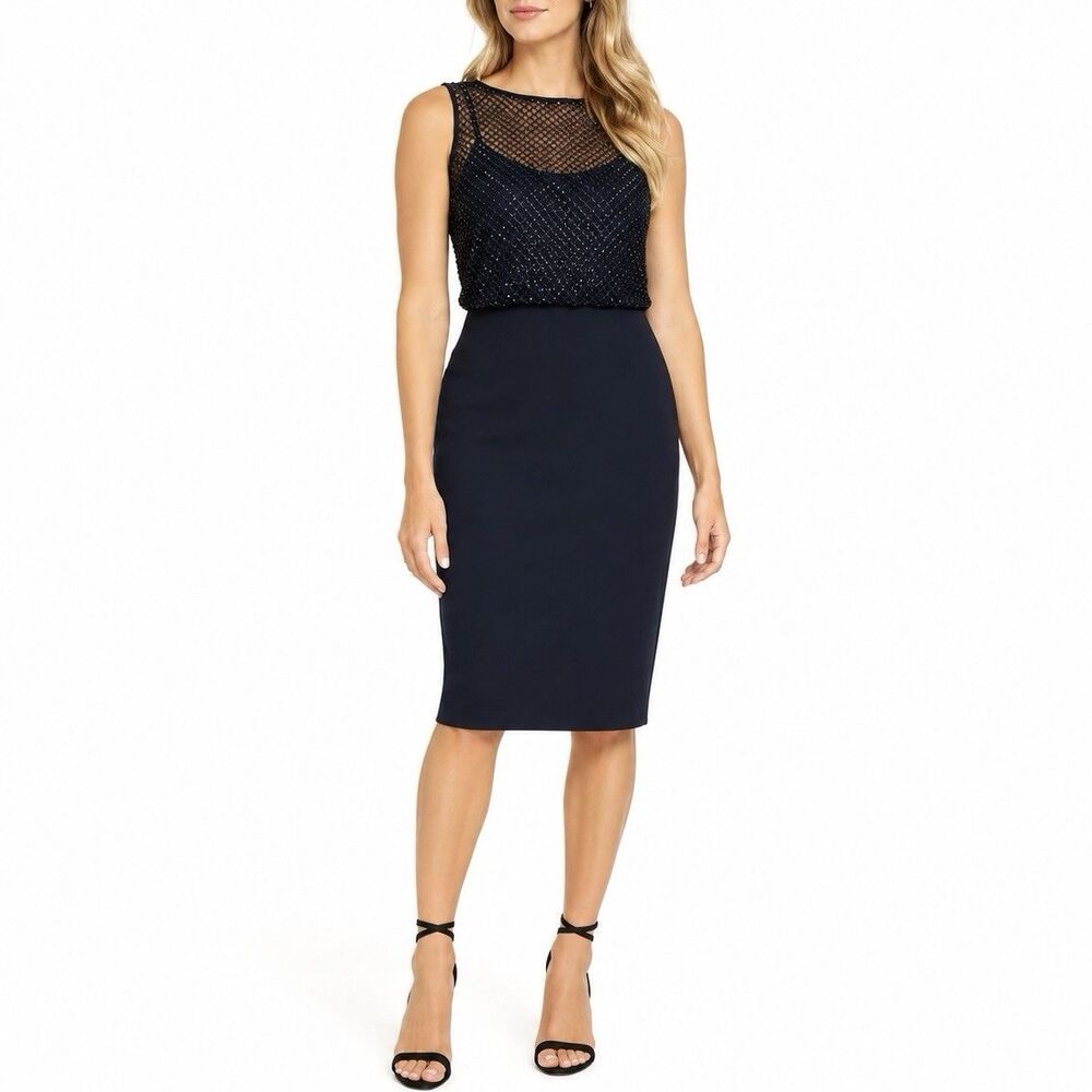 Adrianna Papell Beaded Mesh Cocktail Dress Navy Blue Sleeveless Sheath Sz 10